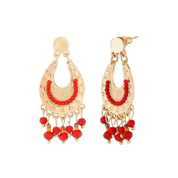 women’s large statement earrings-Urthn Red Beads Gold Plated Dangler Earrings - 1312508A