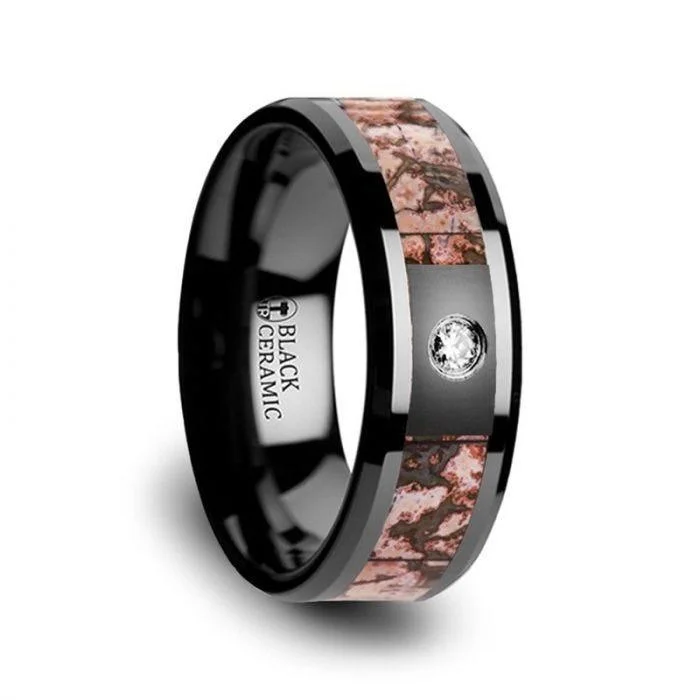 women’s custom designed engagement rings-Pink Dinosaur Bone Inlaid Black Ceramic Diamond Wedding Band with Beveled Edges - 8mm