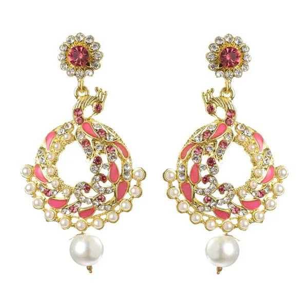 women’s bold earrings-Kriaa Stone Pink Meenakari Gold Plated Dangler Peacock Earrings