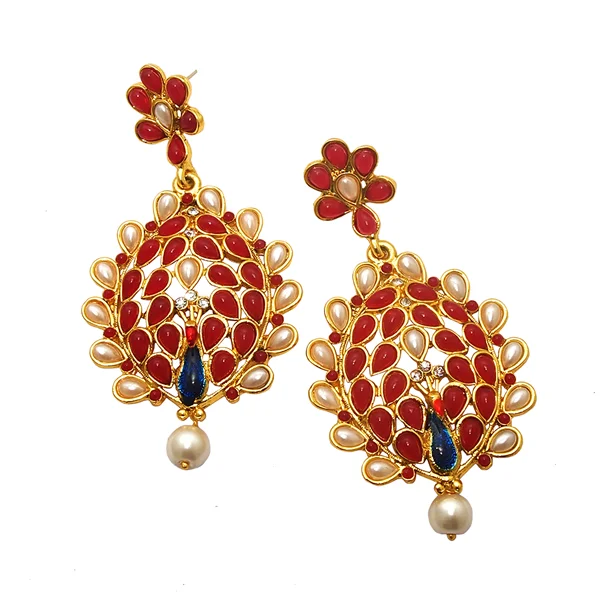 women’s evening earrings-Kriaa Maroon Kundan Gold Plated Peacock Earrings