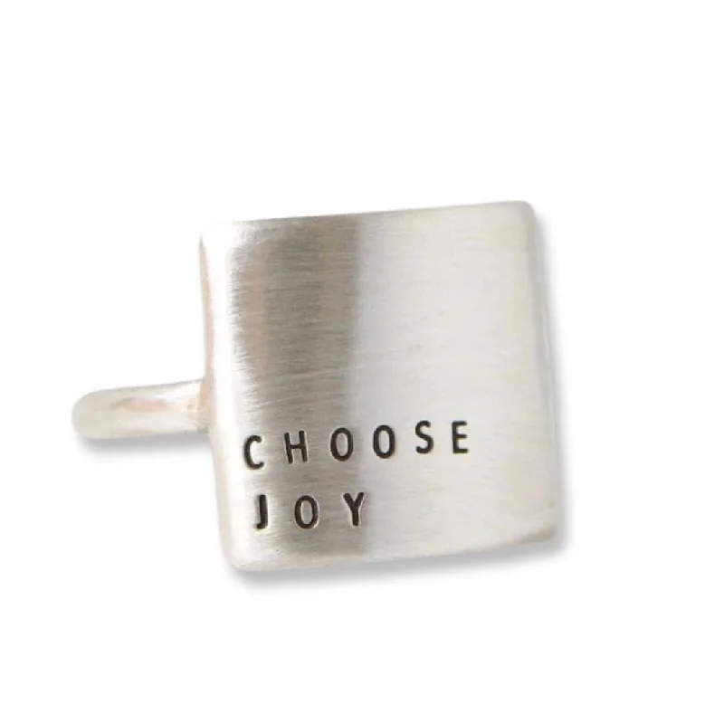 women’s platinum diamond ring-Choose Joy - Handmade Silver Message Ring