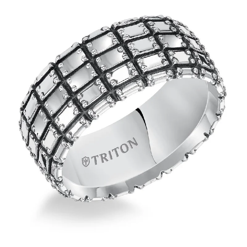 women’s radiant cut engagement rings-ADON Flat Extra Wide Sterling Silver Comfort Fit Wedding Band with Wide Woven Pattern and Black Oxidation Finish by Triton Rings - 10 mm