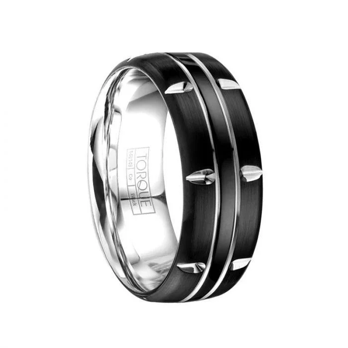 women’s sapphire engagement rings with diamonds-Torque Black Cobalt  Men's Wedding Band Brushed Finish Dual Center Grooved Accents - 8 mm