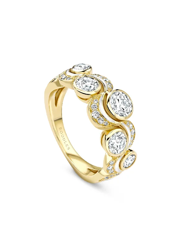 women’s rose gold wedding ring-Over the Moon Diamond Enamel Yellow Gold Ring