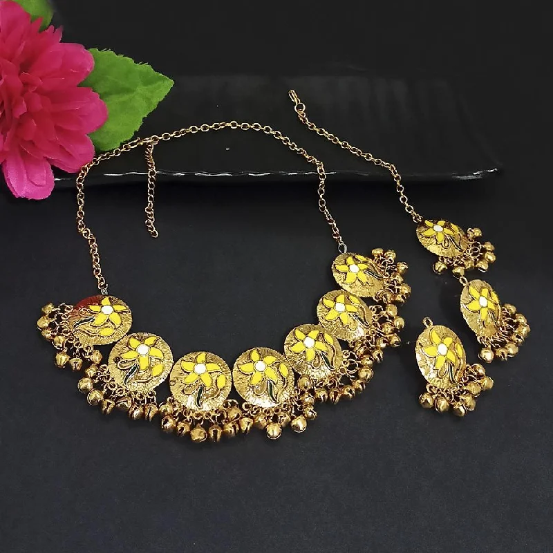 women’s anniversary necklace-Kriaa Gold Plated Yellow Meenakari Necklace Set With Maang Tikka - 1116021B