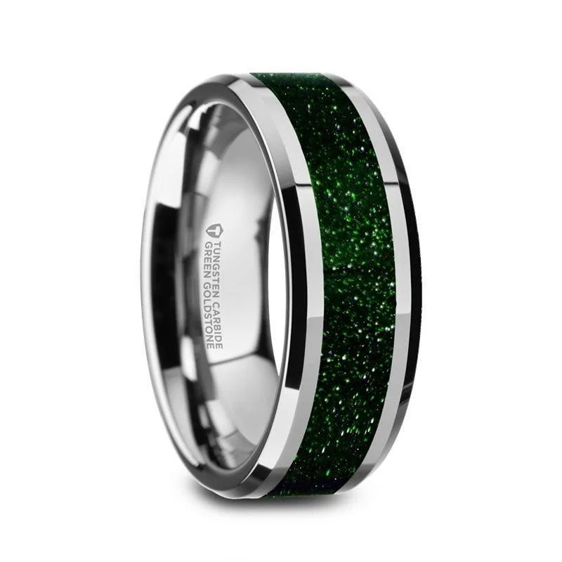 women’s romantic engagement rings-PATRICK Men’s Polished Finish Beveled Edges Tungsten Wedding Band with Green Goldstone Inlay - 8mm