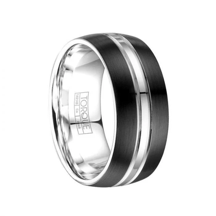 women’s art deco engagement rings-Brushed Finish Torque Black Cobalt Wedding Band Polished Center with Dual Grooved Accents - 9 mm