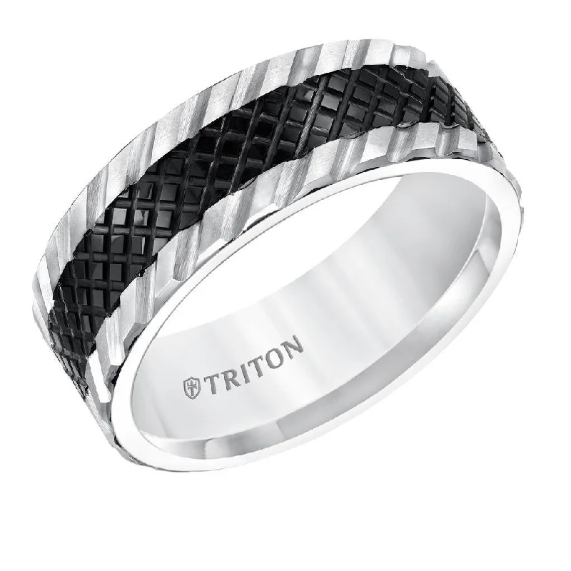 women’s cushion and diamond engagement rings-KAEDE Flat Multi Textured Black and White Tungsten Wedding Band by Triton Rings - 8mm