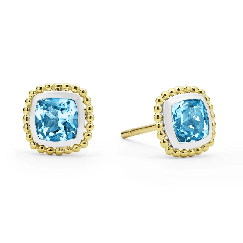 women’s pearl drop earrings-18K Gold Caviar Swiss Blue Topaz Stud Earrings