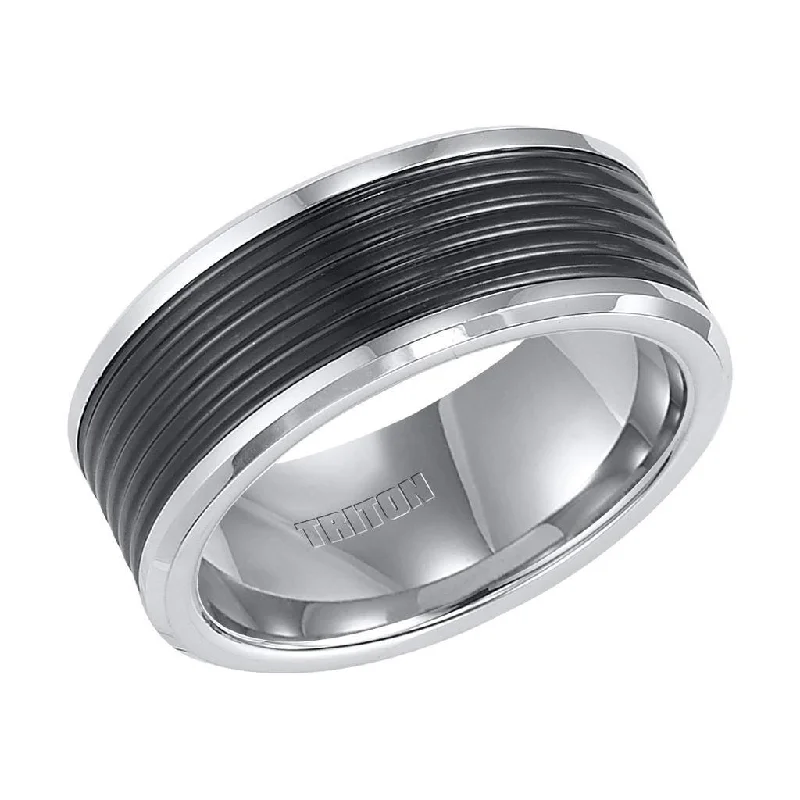 women’s silver engagement rings-BRANDEN Triton Rings BRANDEN Tungsten Wedding Band With Ribbed Black Tungsten Center 9mm