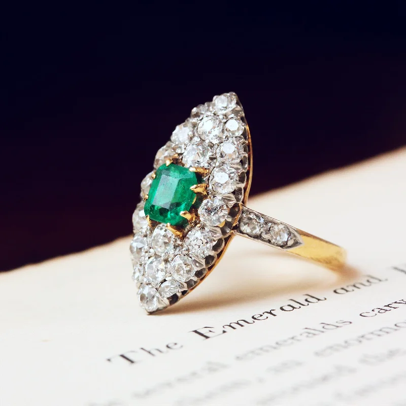 women’s stackable rings-Utterly Charming Edwardian Emerald and Diamond Navette Cluster Ring