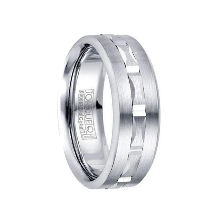 women’s elegant engagement rings-Brushed White Cobalt 10k White Gold Inlaid Grooved Center Men's Wedding Band by Crown Ring - 7.5mm