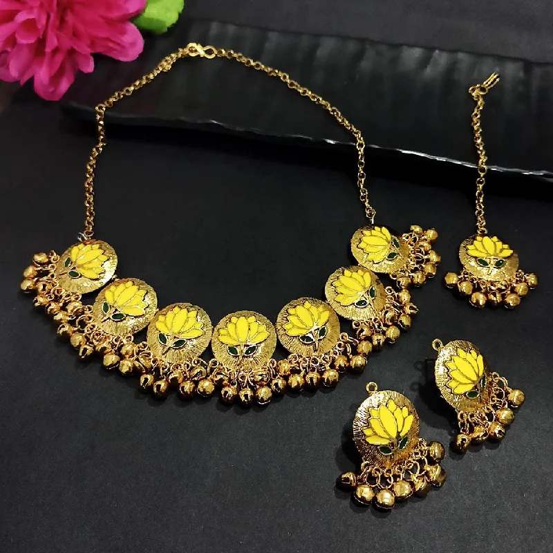 women’s birthstone necklace-Kriaa Gold Plated Yellow Meenakari Necklace Set With Maang Tikka - 1116022B