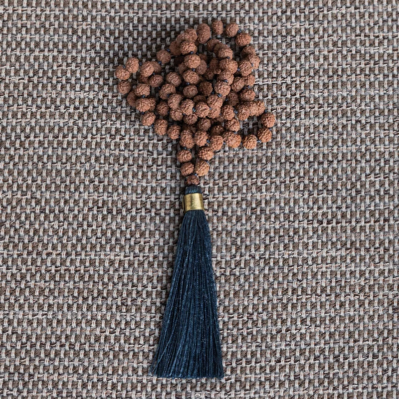 women’s bohemian necklace-Mala and Tassel Necklace - Stone Blue