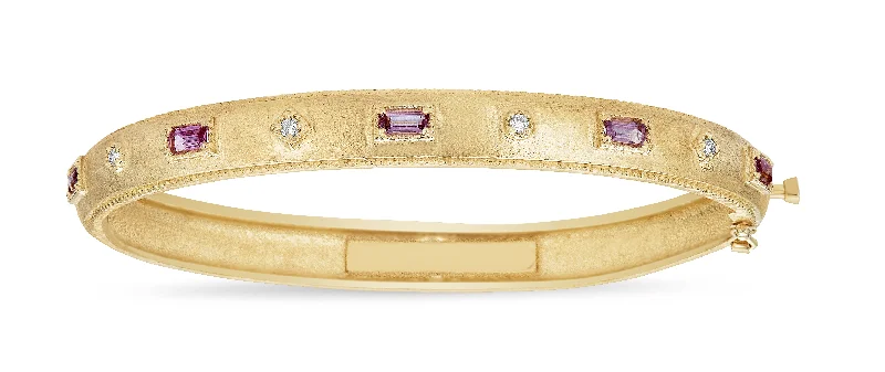 women’s oval bangle-Pink Sapphire Baguette & White Diamond Bezel Bangle