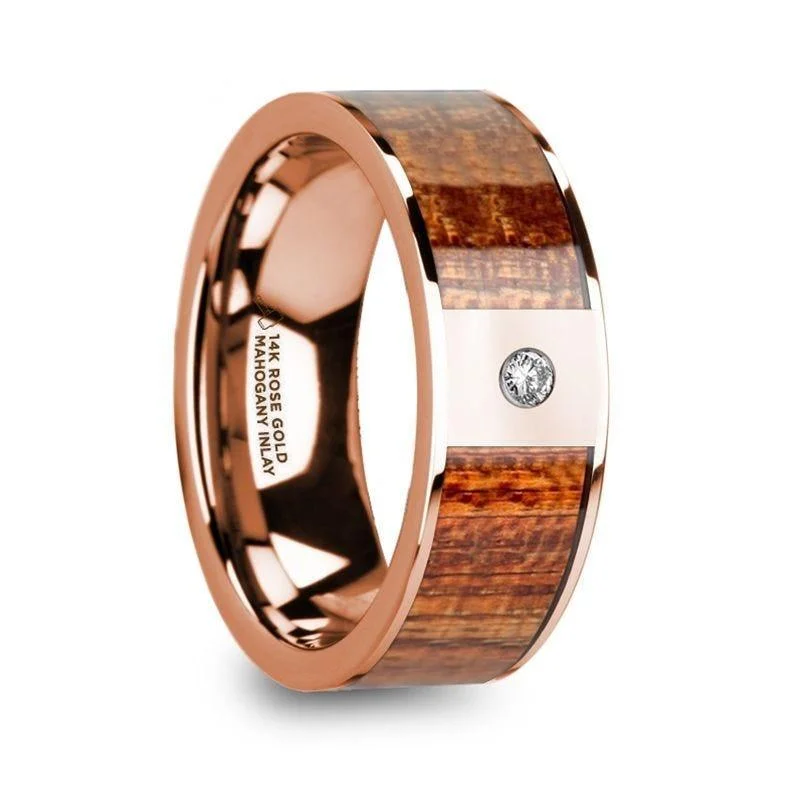 women’s radiant diamond engagement rings-NIKIAS Men’s Polished 14k Rose Gold Wedding Band with Mahogany Wood Inlay & Diamond - 8mm