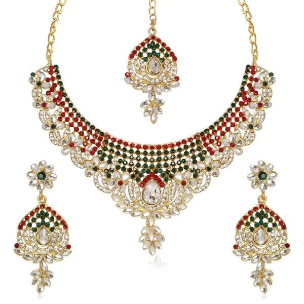 women’s custom necklace-Kriaa Gold Plated Maroon & Green Austrian Stone Necklace Set With Maang Tikka