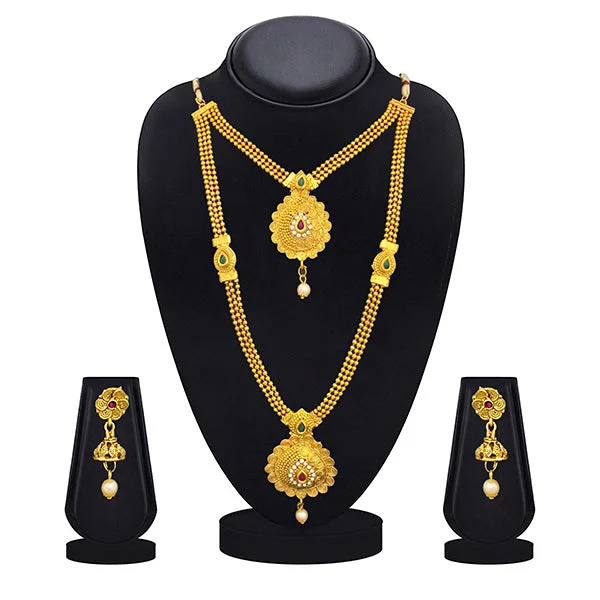 women’s gemstone necklace-Kriaa Gold Plated Maroon Green Stone Double layer Necklace Set