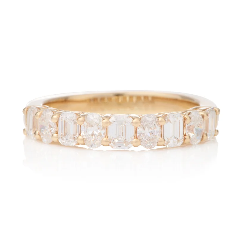 women’s twisted band ring-Floating Bezel Oval and Emerald Cut Diamond Half Eternity Ring