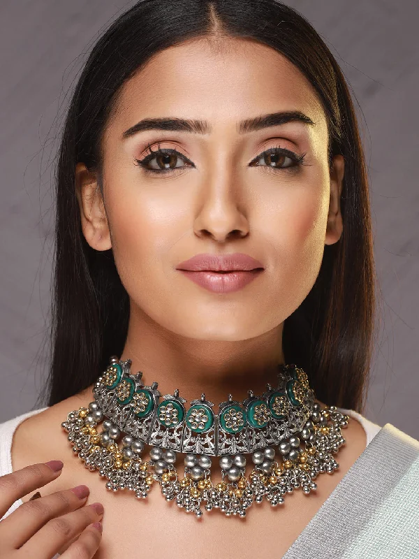 women’s luxury gemstone necklace-Silver-Plated & Gold-Toned Oxidised Beaded & Kundan Studded Choker Necklace