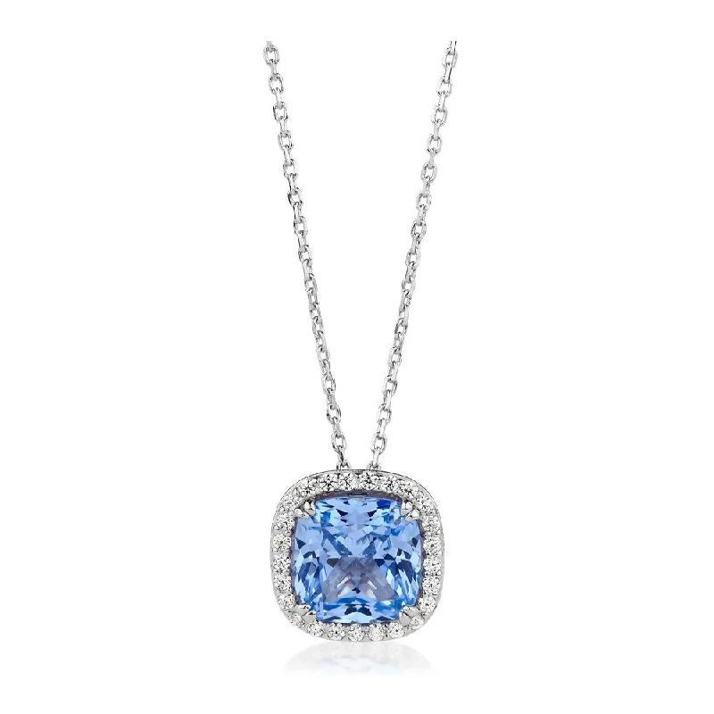 women’s vintage necklace-Halo necklace with blue topaz simulant and 0.22 carats* of diamond simulants in sterling silver