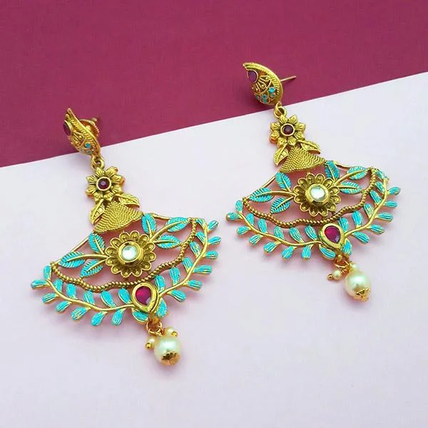 women’s designer earrings-Nikita Arts Gold Plated Stone And Blue Meenakari Copper Matte Dangler Earrings - 1313118B