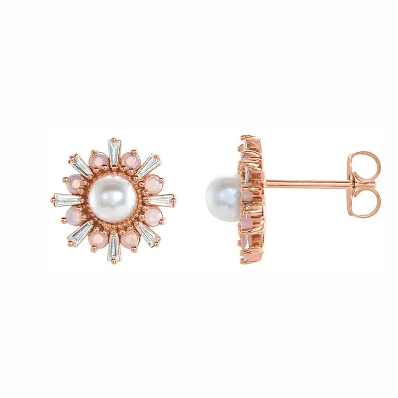 women’s fancy earrings-Akoya Pearl, Opal, and Diamond Halo Earrings