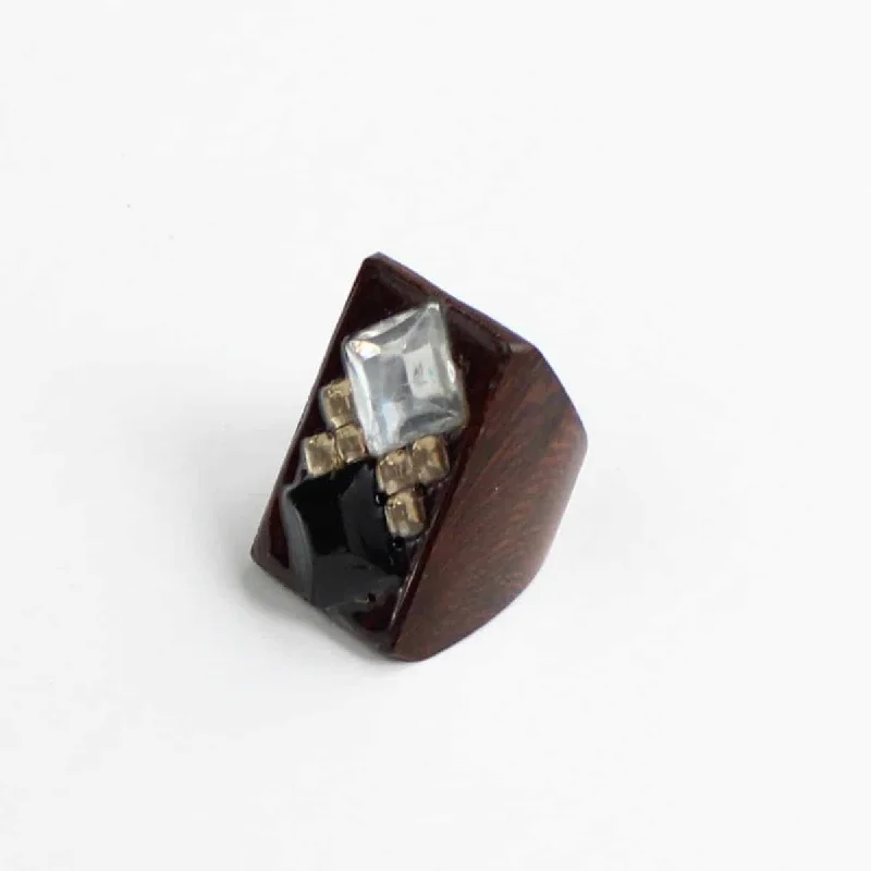 women’s statement ring-Wooden Rectangle Gem Ring