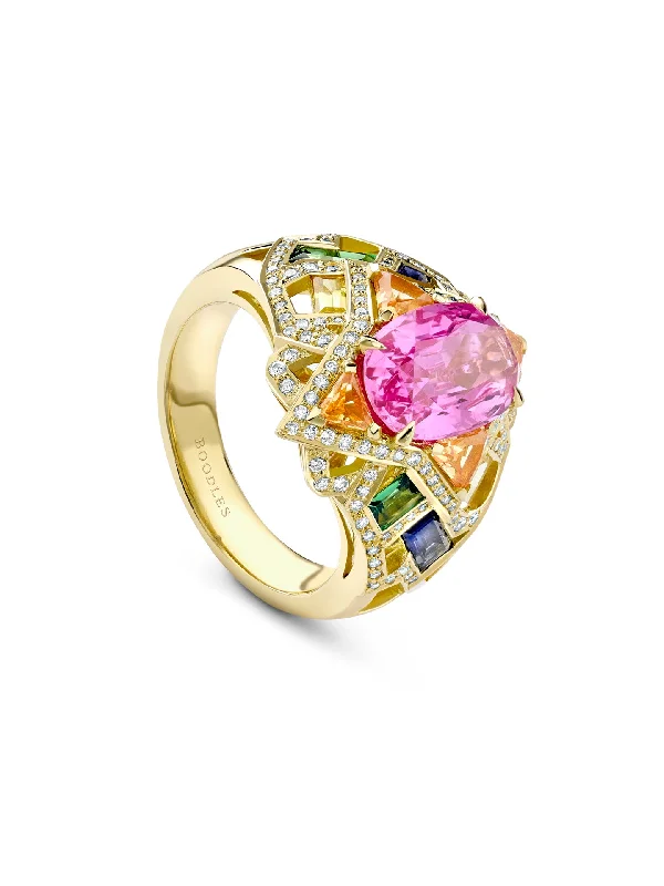 women’s twist ring-A Family Journey Barcelona Pink Sapphire Yellow Gold Ring