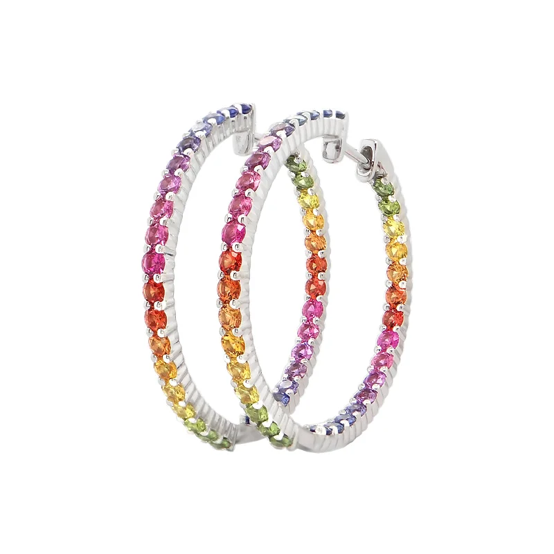 women’s dangling earrings-Rainbow Sapphire Inside Outside Hoop Earrings