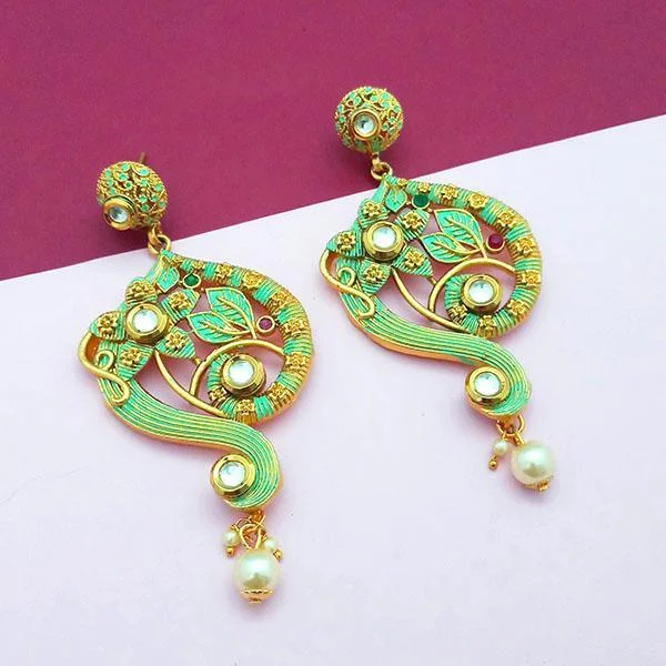 women’s diamond earrings-Nikita Arts Gold Plated Stone And Green Meenakari Copper Matte Dangler Earrings - 1313120C