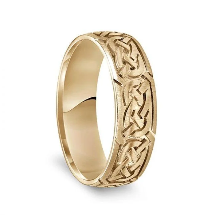 women’s white sapphire engagement rings-14k Yellow Gold Engraved Celtic Knot Pattern Men’s Wedding Band With Satin Finish - 6.5mm - 8.5mm