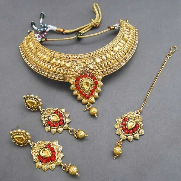 women’s amethyst necklace-Bajrang Red AD Stone Necklace Set With Maang Tikka - FBA0036