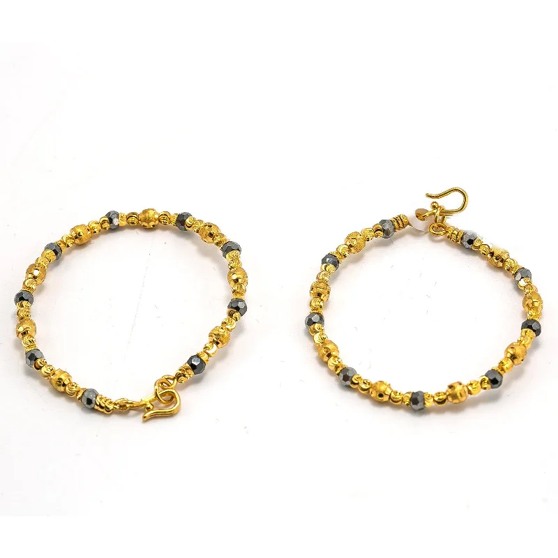 women’s beaded bracelet-22K Yellow Gold Kids Bangle Set of 2 W/ Textured Beads & Black Beads