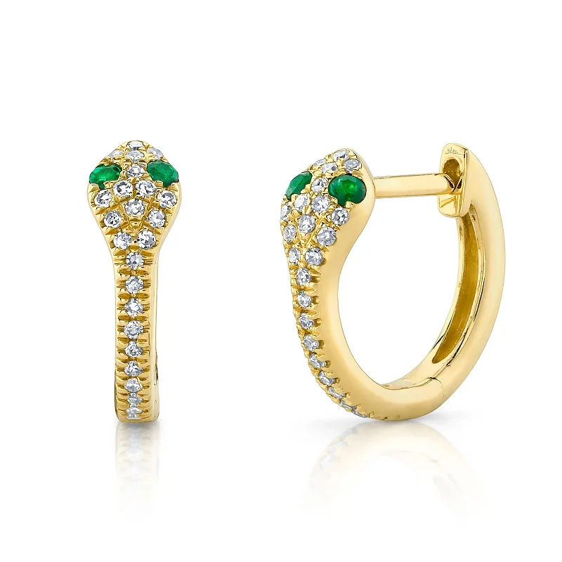 women’s hoop silver earrings-Emerald and Diamond Snake Huggie Earrings