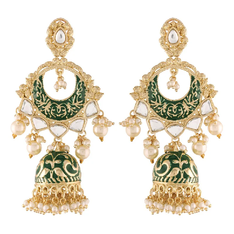 women’s halo earrings-Etnico18K Gold Plated Intricately Designed Traditional Green Enamel Glided With Kundans & Pearls Jumki Earrings For Women (E2905G)