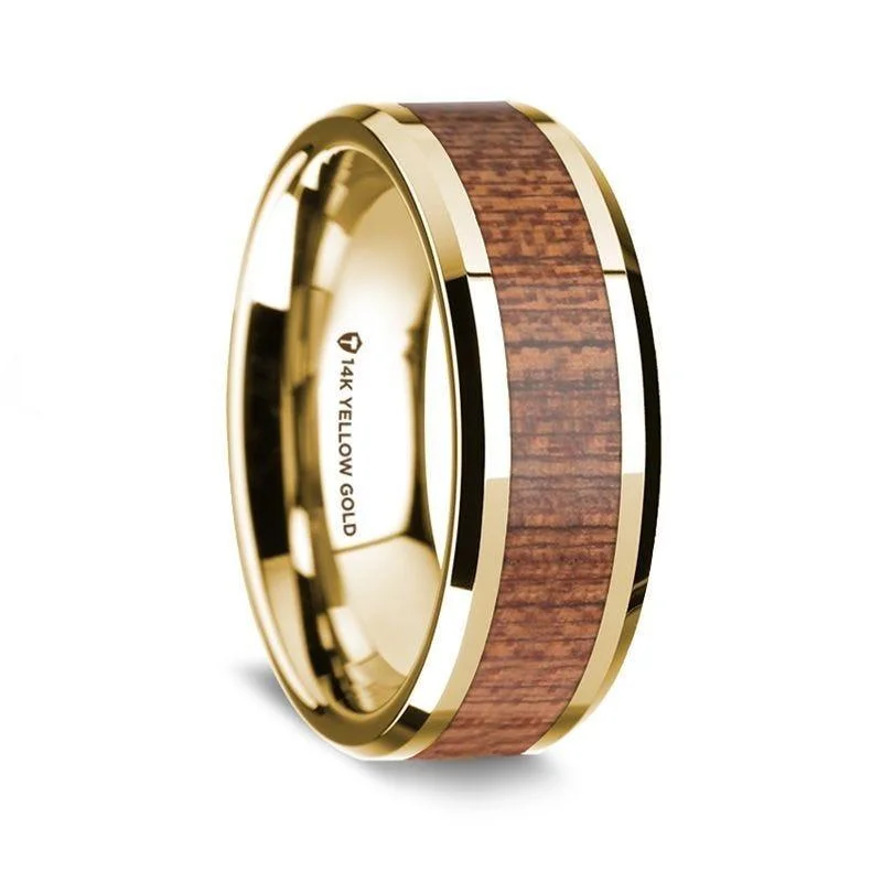 women’s custom engagement rings-14K Yellow Gold Polished Beveled Edges Men's Wedding Band with Cherry Wood Inlay - 8 mm