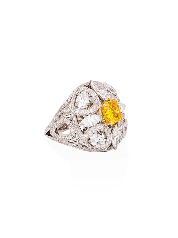 women’s halo ring-Scroll Radiant Cut Yellow Diamond Platinum Ring