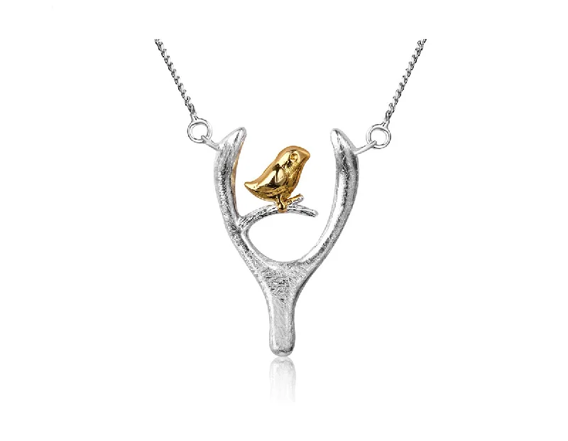 women’s gold-plated necklace-Bird on Wish Bone Necklace