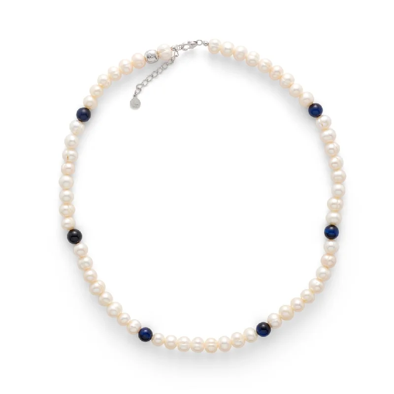 women’s gemstone necklace-Pearl Necklace with Blue Tiger Eye 8mm