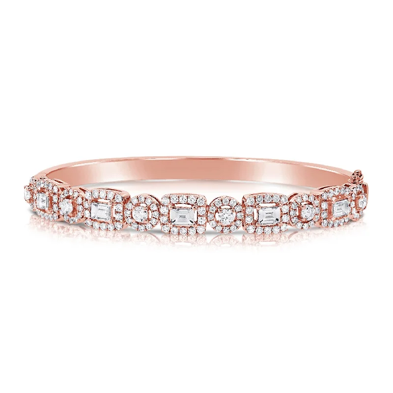 women’s enamel bracelet-14K Rose Gold Mixed Shape Round and Baguette Diamond Hinged Bangle