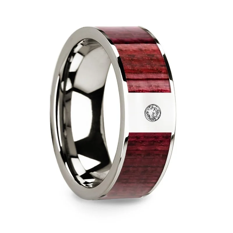 women’s vintage engagement rings-Men’s Polished 14k White Gold Wedding Band with Purpleheart Wood Inlay & Diamond - 8mm