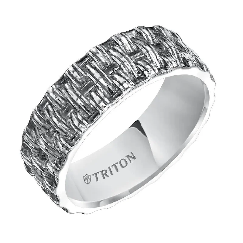 women’s gold engagement rings-TAYLOR Flat Sterling Silver Comfort Fit Wedding Band with Woven Pattern and Black Oxidation Finish by Triton Rings - 8mm