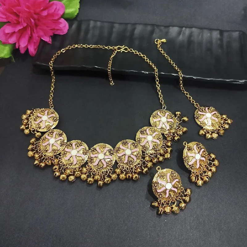 women’s fashion necklace-Kriaa Gold Plated Light Pink Meenakari Necklace Set With Maang Tikka - 1116023I