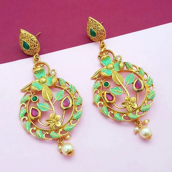 women’s statement earrings-Nikita Arts Gold Plated Stone And Green Meenakari Copper Matte Dangler Earrings - 1313119C