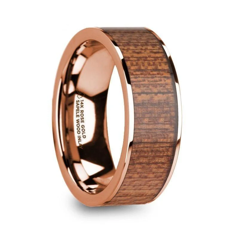 women’s round solitaire engagement rings-NIKETAS Men’s 14k Rose Gold Wedding Band with Sapele Wood Inlay & Polished Finish - 8mm