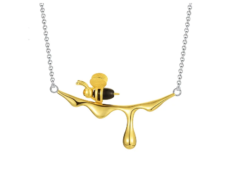 women’s gold-plated necklace-Dripping Honey & Bee Necklace