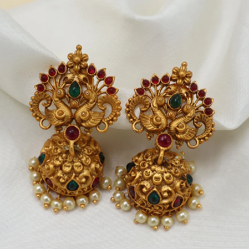 women’s asymmetrical earrings-Diksha Collection Gold Plated Pota Stone Jhumkis Earrings - J 112