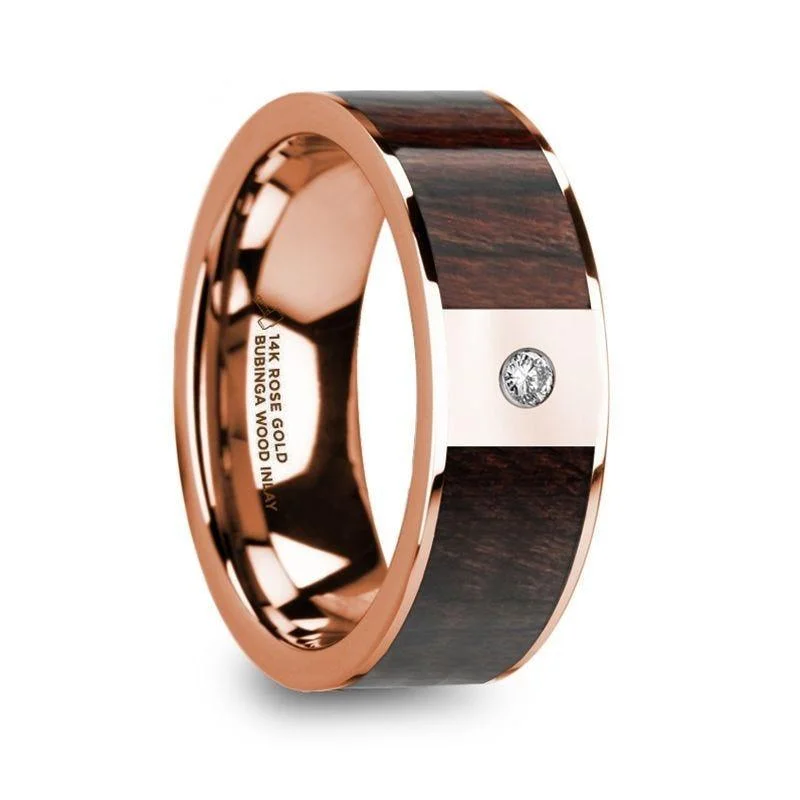 women’s moissanite engagement rings-SILVANOS Polished 14k Rose Gold Men’s Wedding Band with Bubinga Wood Inlay & Diamond - 8mm