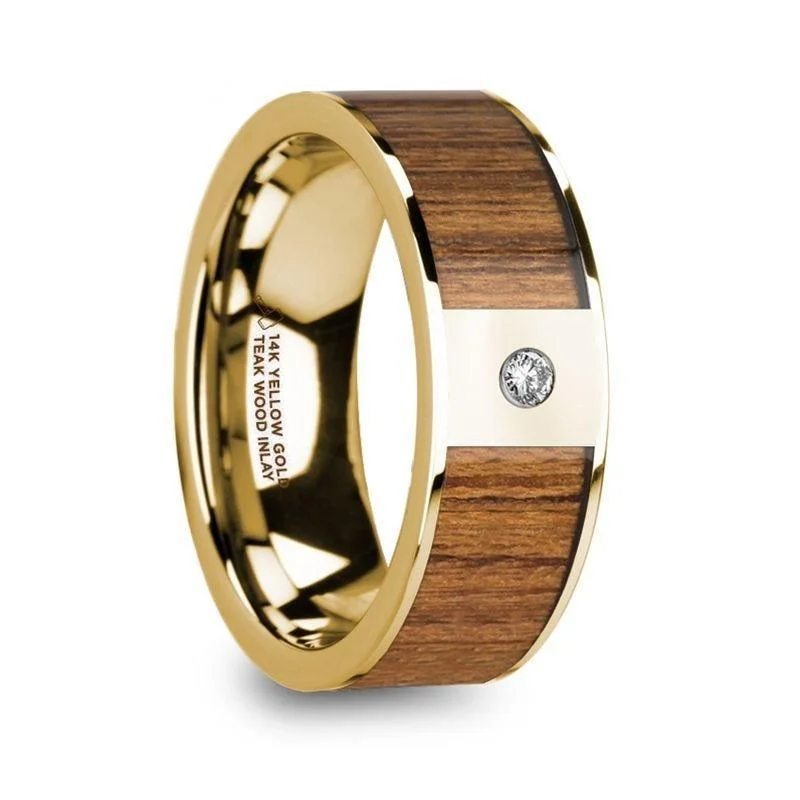 women’s modern vintage engagement rings-THEODOROS Polished 14k Yellow Gold Men’s Wedding Band with Teak Wood Inlay & Diamond - 8mm